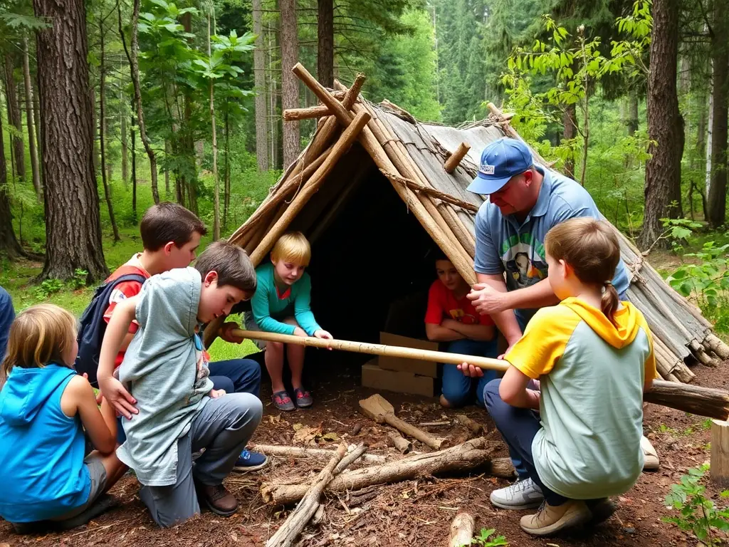 Participants engaging in a hands-on outdoor training session, learning essential survival skills and teamwork in a forest setting.