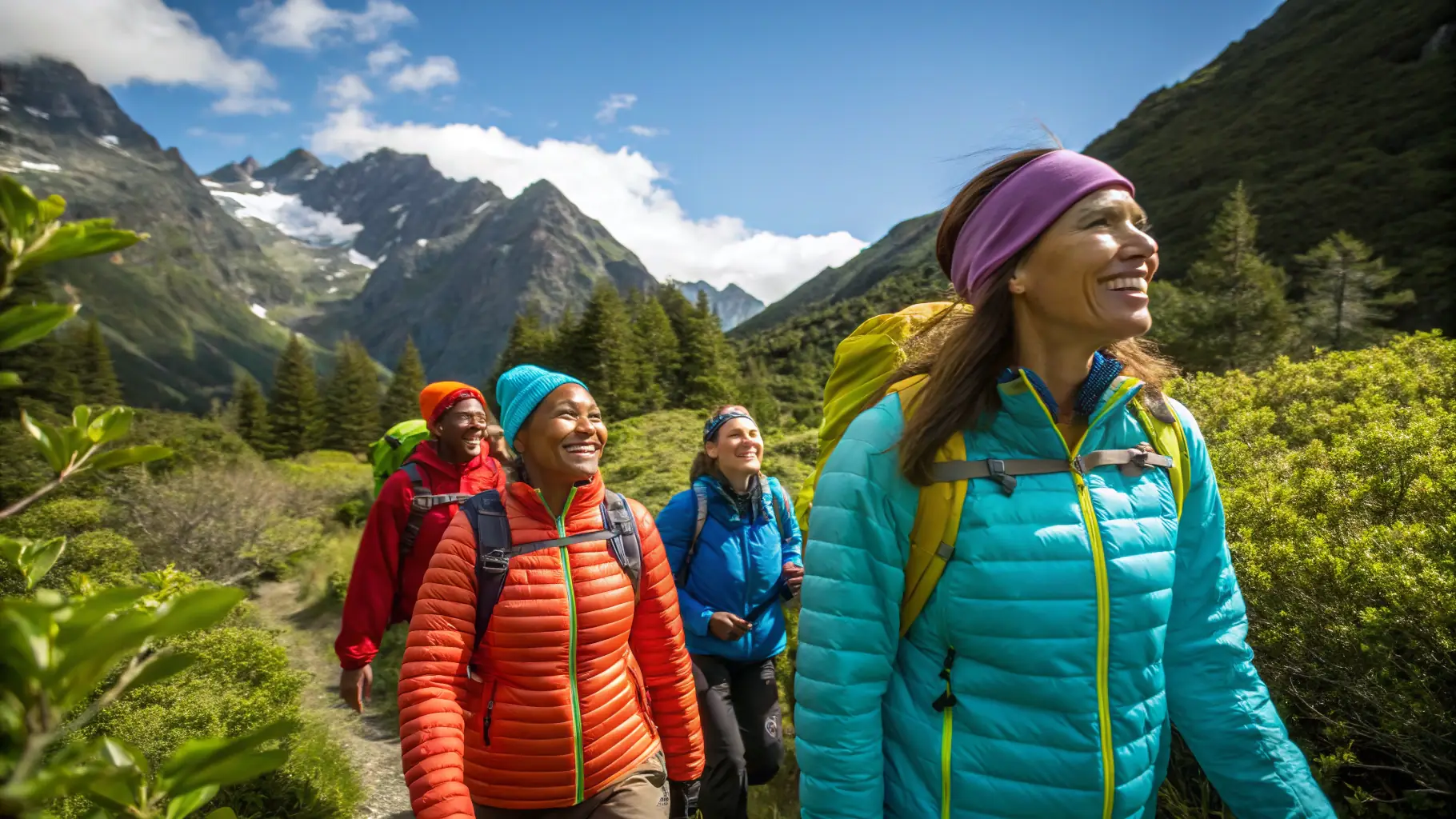 A group of people hiking in a scenic mountain landscape, with lush greenery and clear skies, symbolizing outdoor adventure and environmental appreciation.
