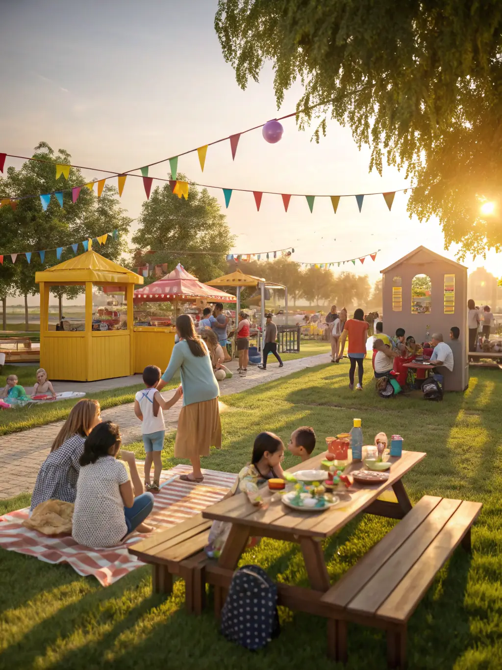 A diverse group of families participating in a community event in a park, with children playing games and adults socializing. The scene is lively and inclusive, showcasing CHEMINS D ALTITUDE's family and community events.