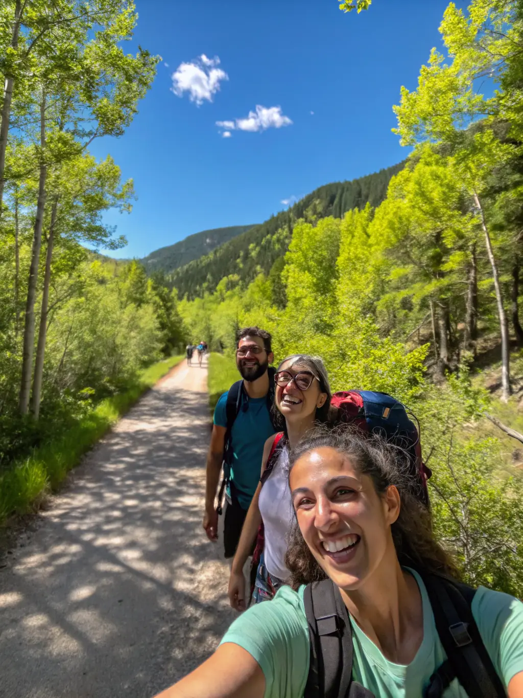 A group of hikers walking along a mountain trail, surrounded by lush greenery and enjoying the scenic views. The sun is shining, and the atmosphere is cheerful, representing CHEMINS D ALTITUDE's guided hikes.