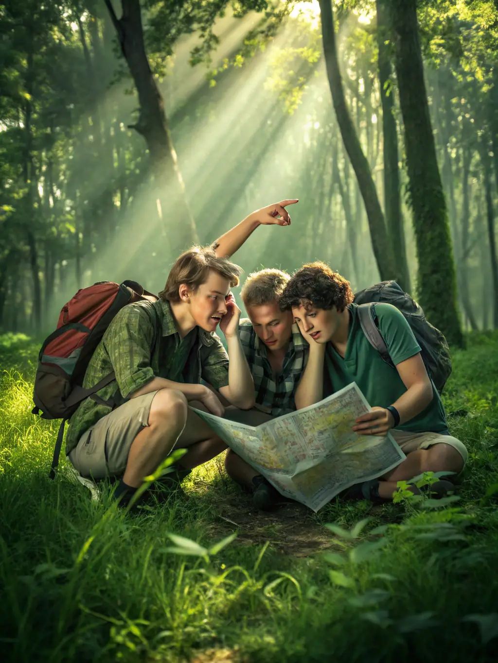 Participants in an outdoor training workshop learning navigation skills with maps and compasses in a forest setting. The focus is on practical skills and safety techniques, reflecting CHEMINS D ALTITUDE's training programs.