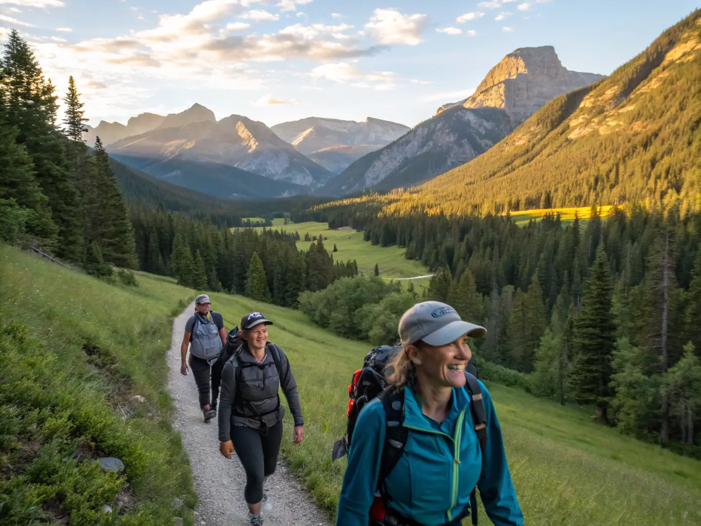 A group of hikers walking along a trail with lush greenery and scenic views in the background, representing CHEMINS D ALTITUDE's guided hikes.