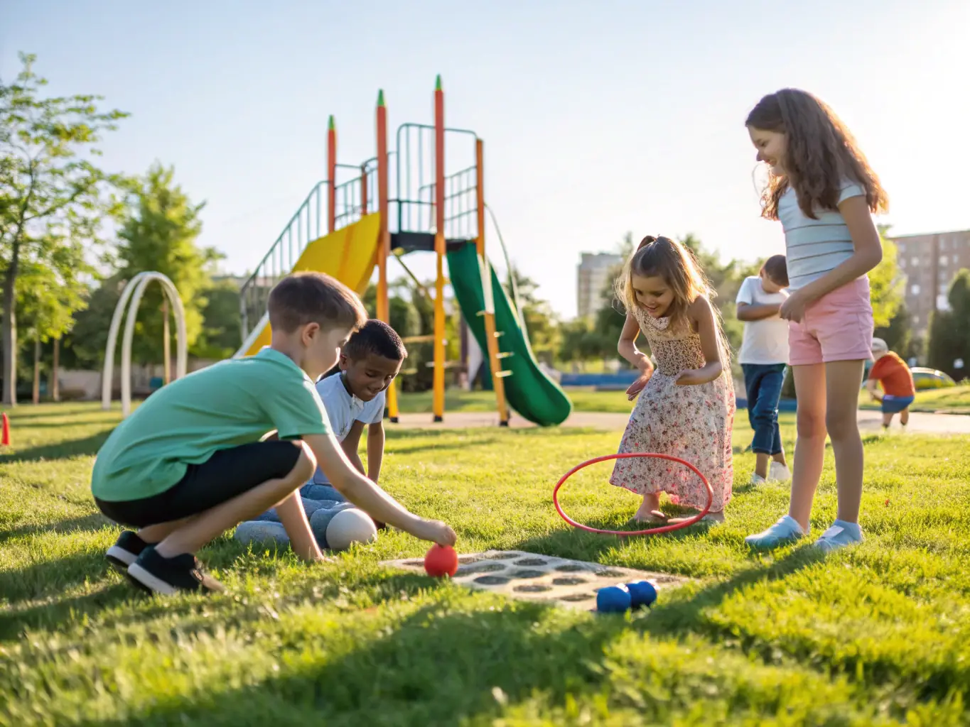A diverse group of people participating in a community event in a park, with families enjoying games, nature walks, and educational activities.