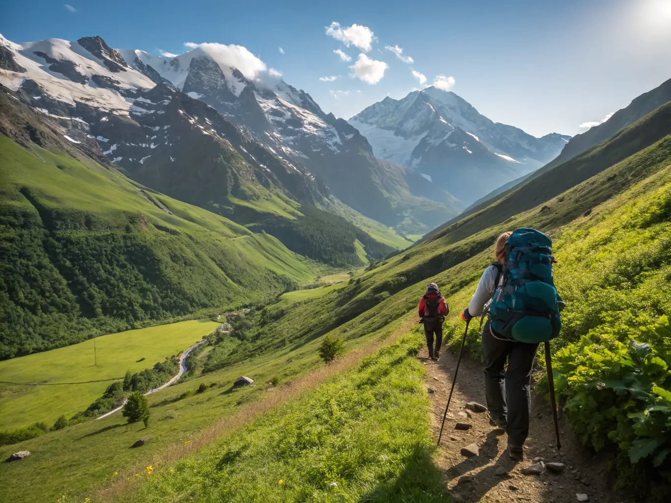 A group of hikers ascending a rocky mountain trail, surrounded by lush greenery and a clear blue sky, showcasing the beauty and challenge of a guided hike.